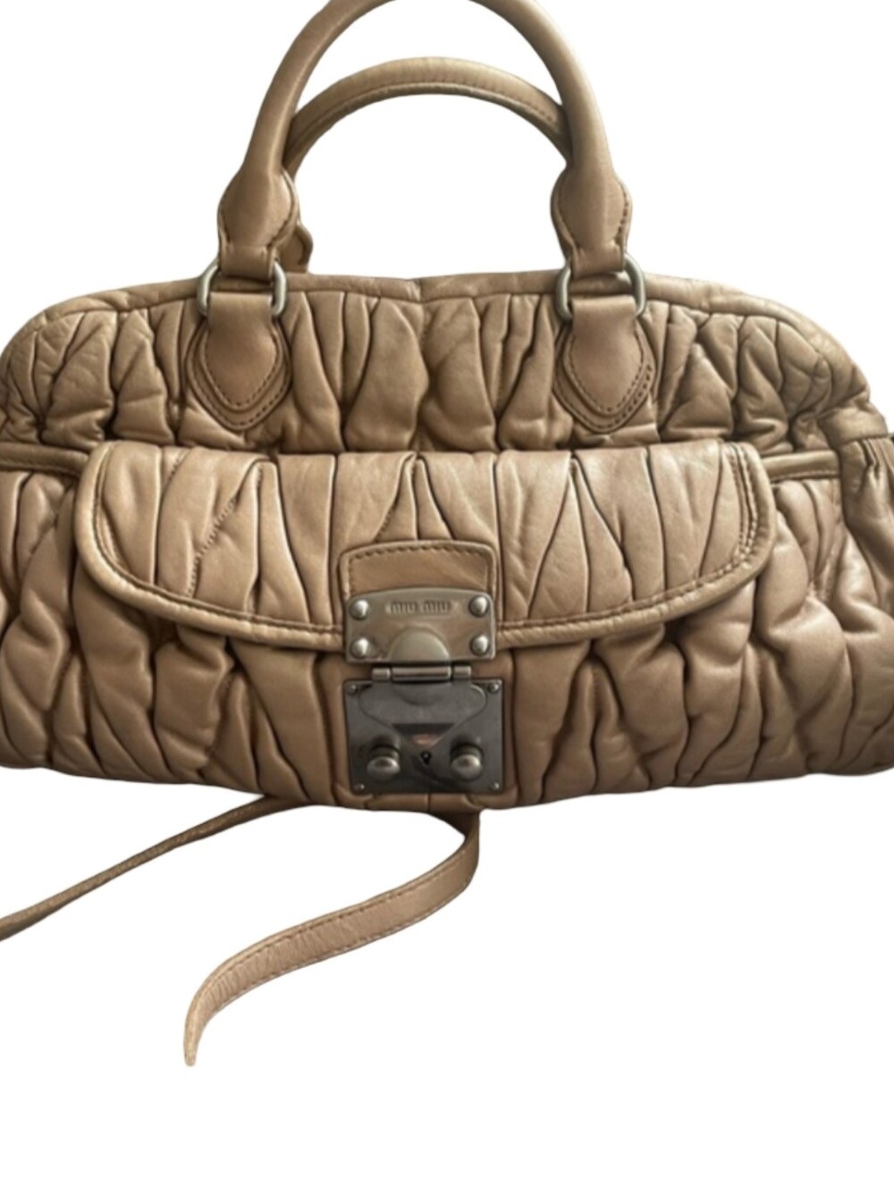 Miu Miu Matelasse Taupe Quilted Ruched Leather Satchel Shoulder Bag Purse Soft